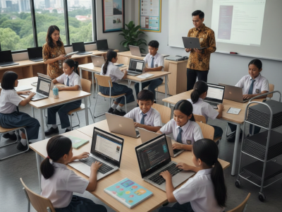 Sewa laptop untuk sekolah menengah di Indonesia, laptop sewa berkualitas di dalam kelas yang modern.