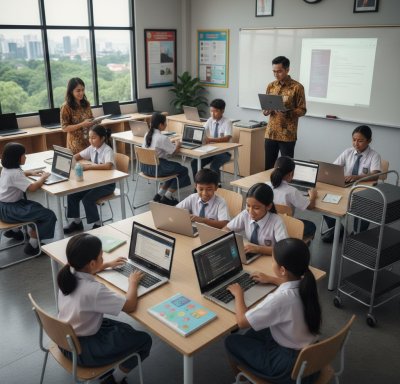Sewa laptop untuk sekolah menengah di Indonesia, laptop sewa berkualitas di dalam kelas yang modern.