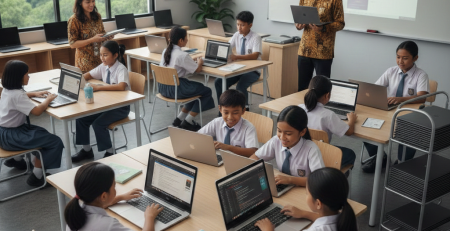 Sewa laptop untuk sekolah menengah di Indonesia, laptop sewa berkualitas di dalam kelas yang modern.
