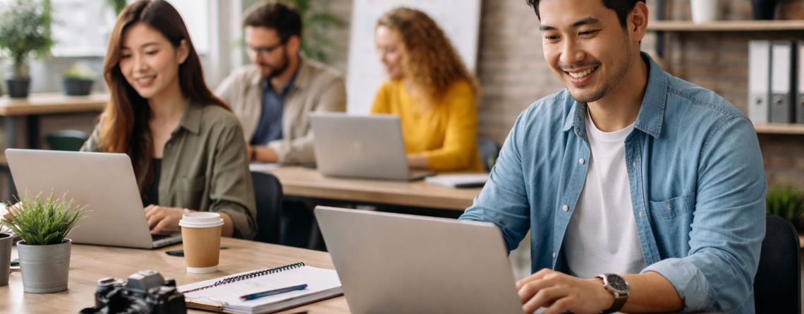 Karyawan startup bekerja dengan laptop di kantor profesional sebagai contoh solusi sewa laptop murah untuk kebutuhan bisnis berkembang.