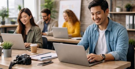 Karyawan startup bekerja dengan laptop di kantor profesional sebagai contoh solusi sewa laptop murah untuk kebutuhan bisnis berkembang.