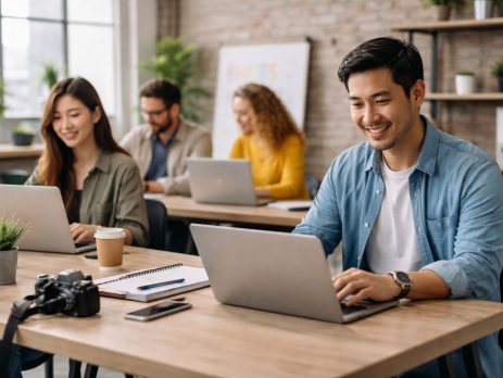 Karyawan startup bekerja dengan laptop di kantor profesional sebagai contoh solusi sewa laptop murah untuk kebutuhan bisnis berkembang.