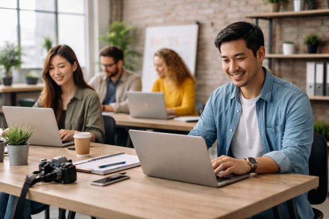 Karyawan startup bekerja dengan laptop di kantor profesional sebagai contoh solusi sewa laptop murah untuk kebutuhan bisnis berkembang.